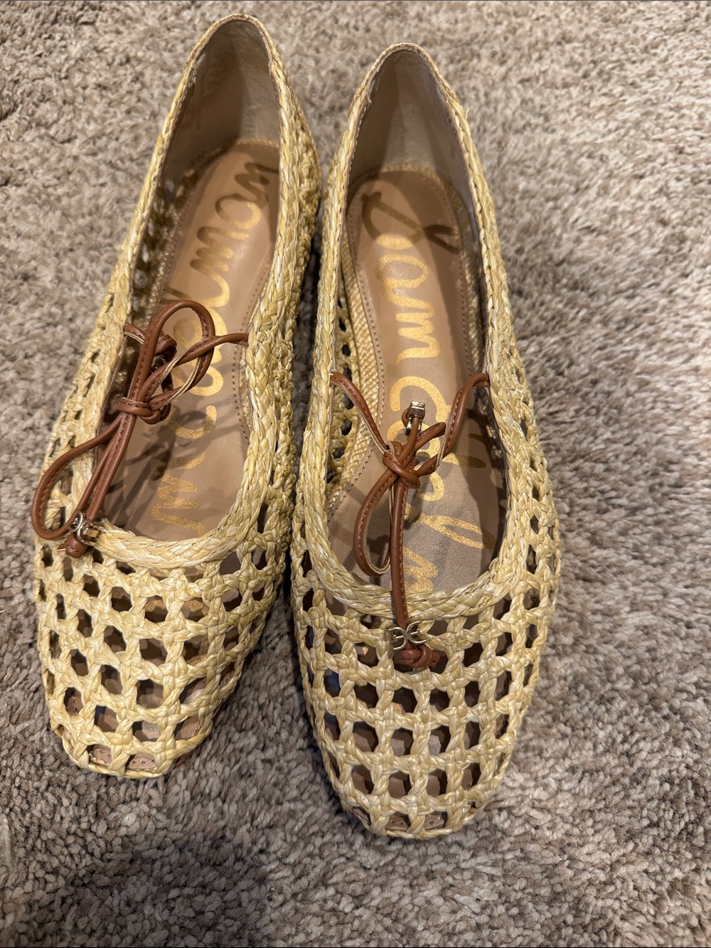 Sam Edelman Natural Raffia Woven Ballet Flats with Brown Tie